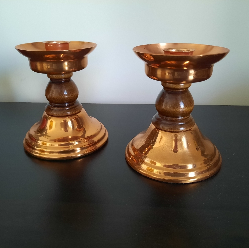 Vintage Coppercraft Guild Copper & Wood Candlestick Holders